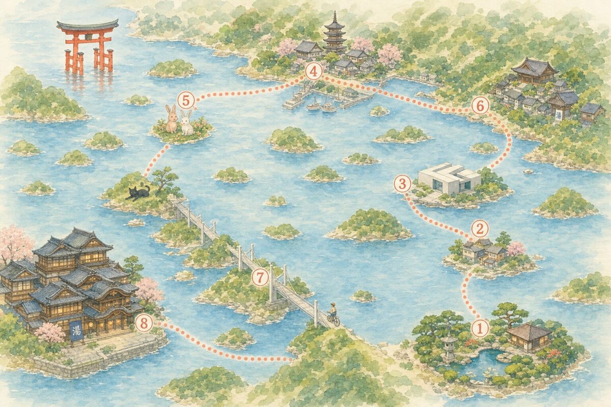 Carte de l'itinéraire de dix jours sur la mer intérieure de Seto, étapes numérotées de Takamatsu à Matsuyama