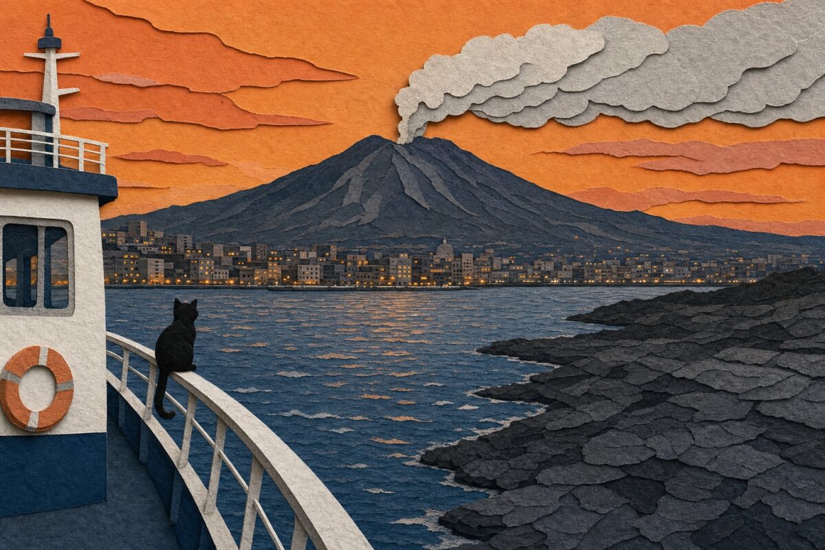 Sakurajima vu du ferry de Kagoshima, en papier découpé