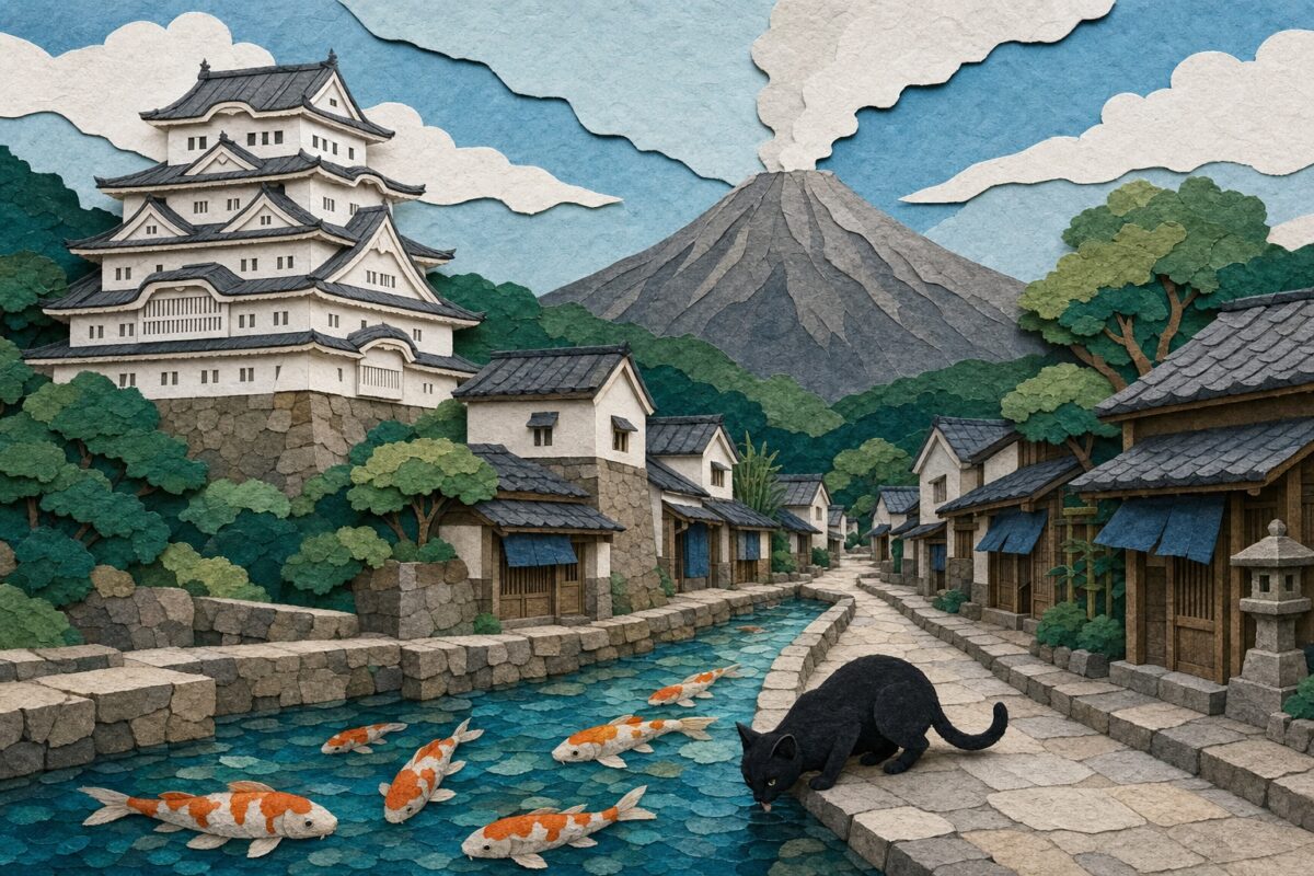 Shimabara, son château blanc et ses ruelles à carpes, en papier découpé
