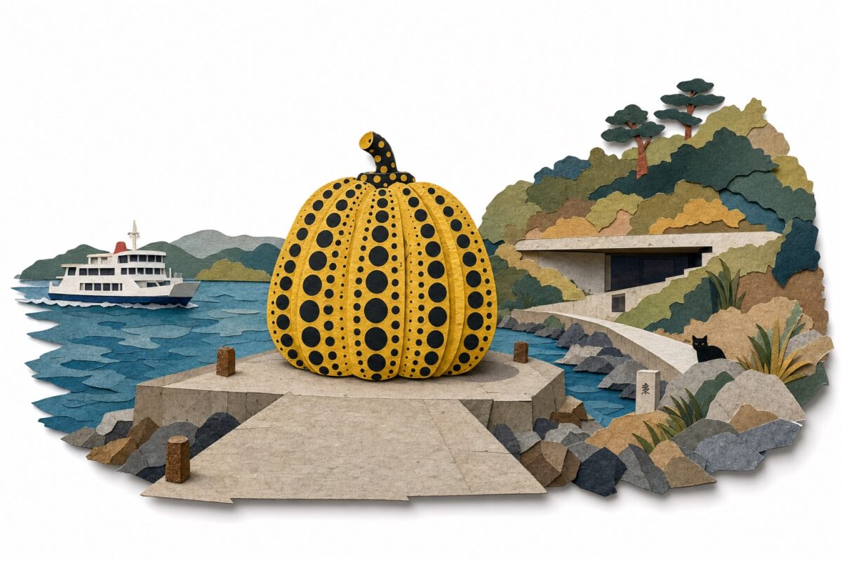 Naoshima en papier découpé : le potiron à pois au bout de la jetée