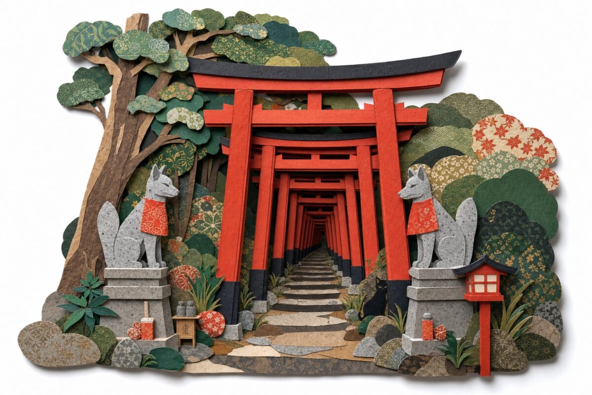 Fushimi Inari en papier découpé : le tunnel de torii et les renards de pierre