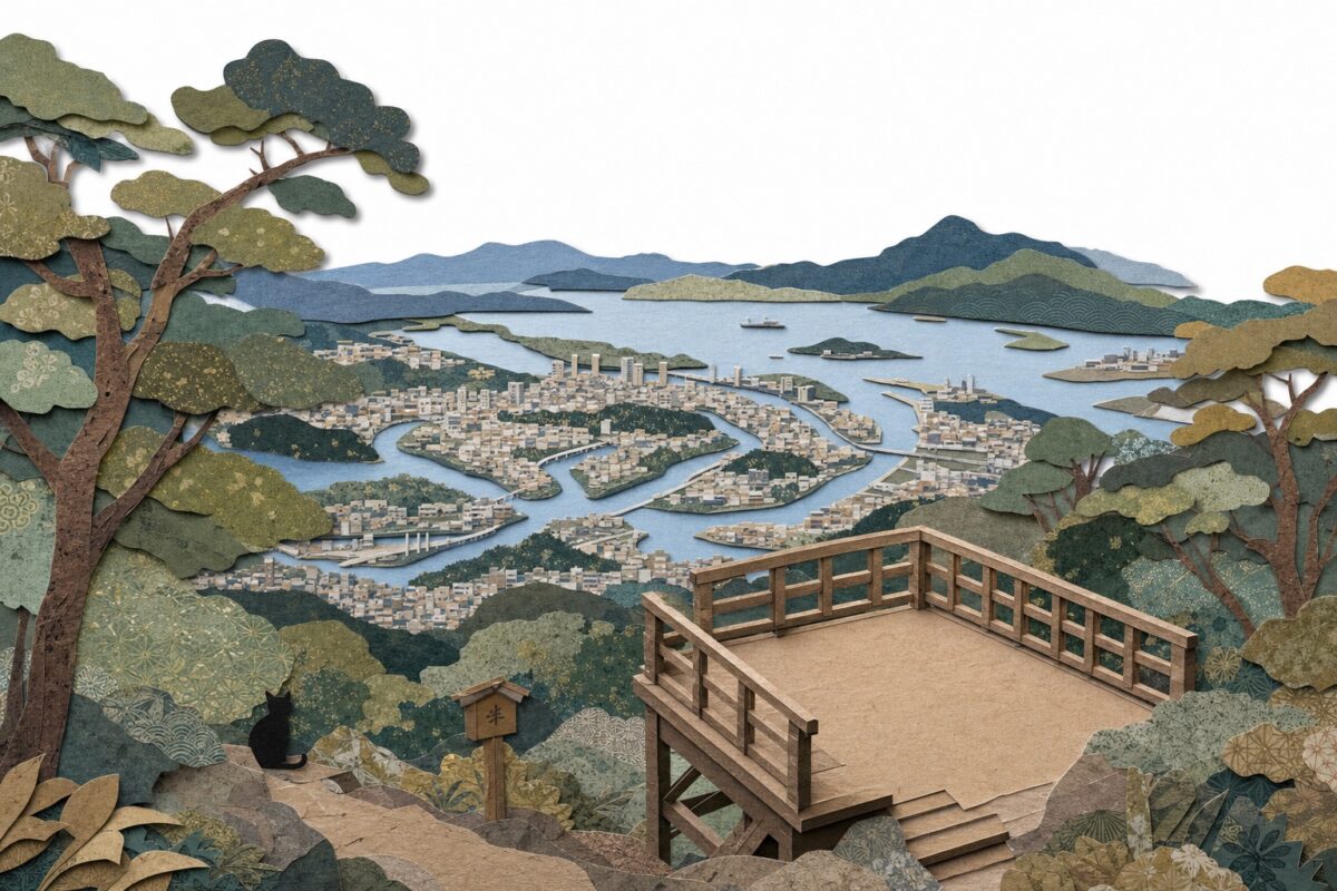 La vue depuis la colline sur le delta d'Hiroshima, en papier découpé