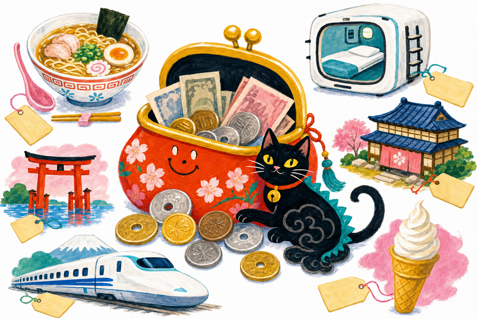 Le budget d'un voyage au Japon en gouache Pop 60 : porte-monnaie et petites icônes