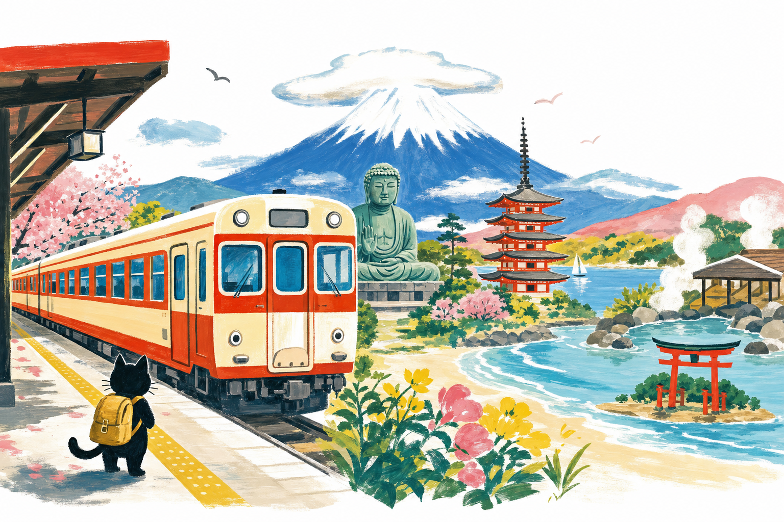 Les excursions depuis Tokyo en gouache Pop 60 : le train part vers le Fuji, le Bouddha et les onsen