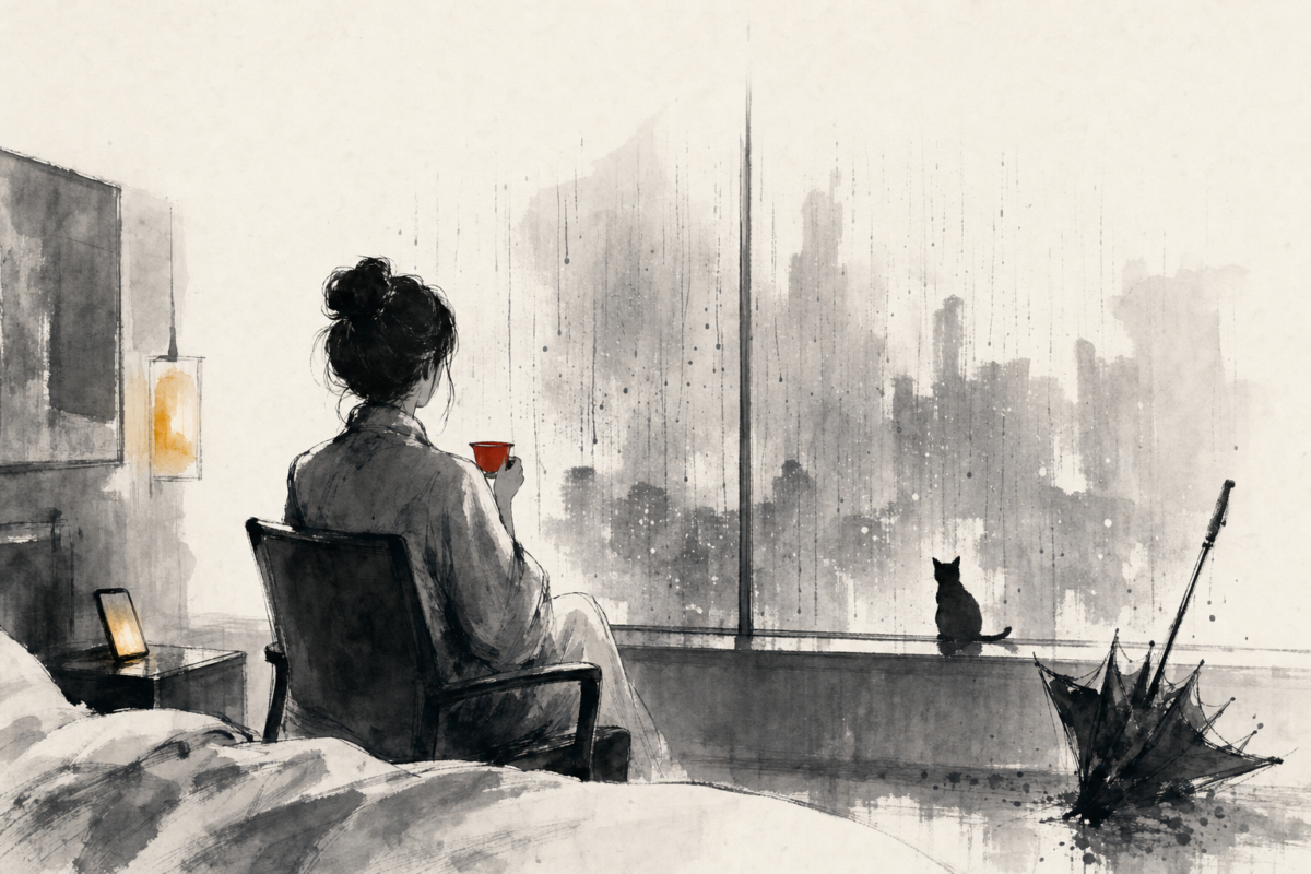 Waiting out the typhoon with grace: tea, ink rain on the window, sumi-e