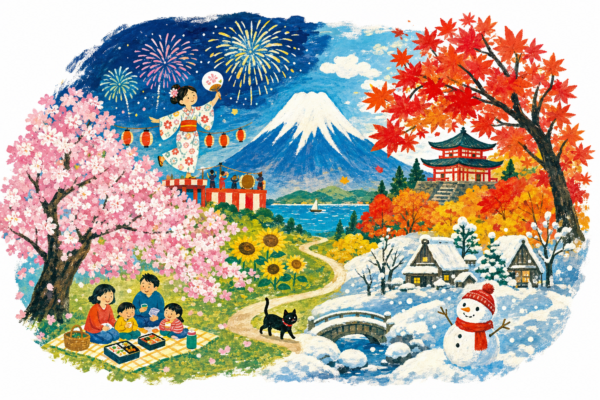 Les quatre saisons du Japon autour du mont Fuji, illustration gouache pop années 60