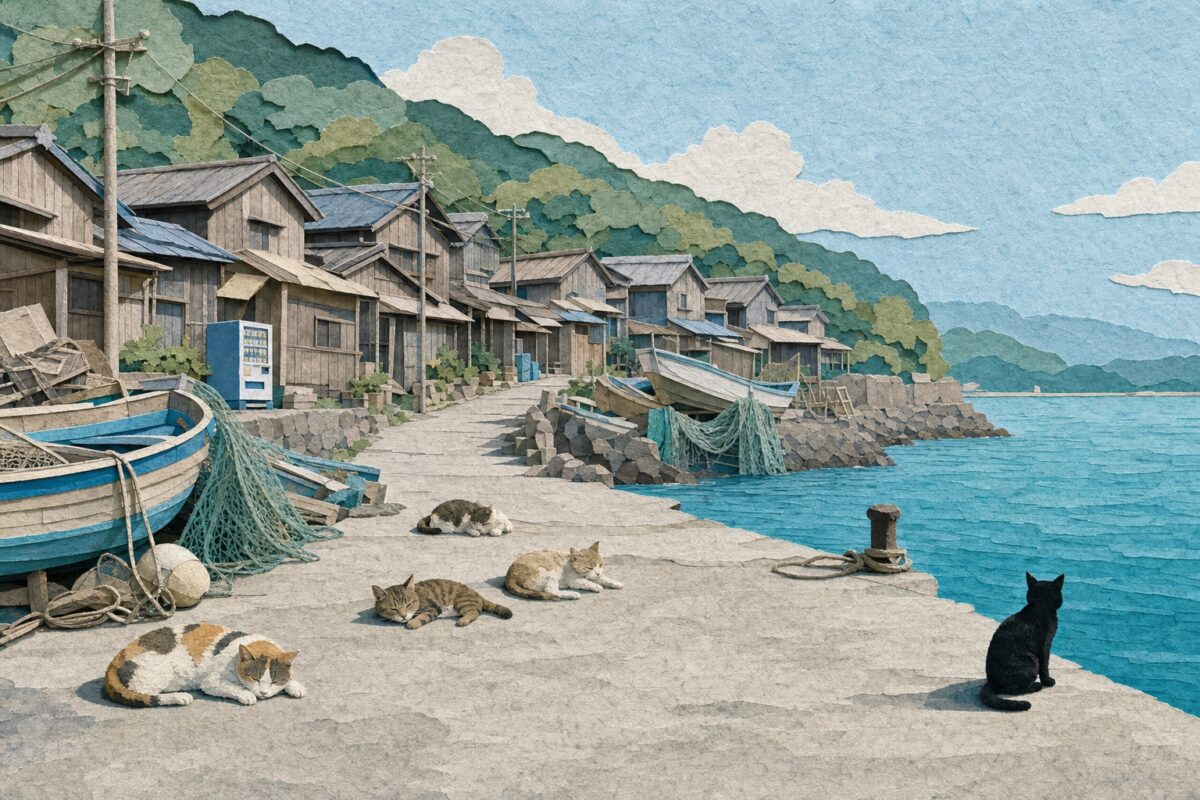 Manabe-shima et ses chats sur le ponton, en papier découpé