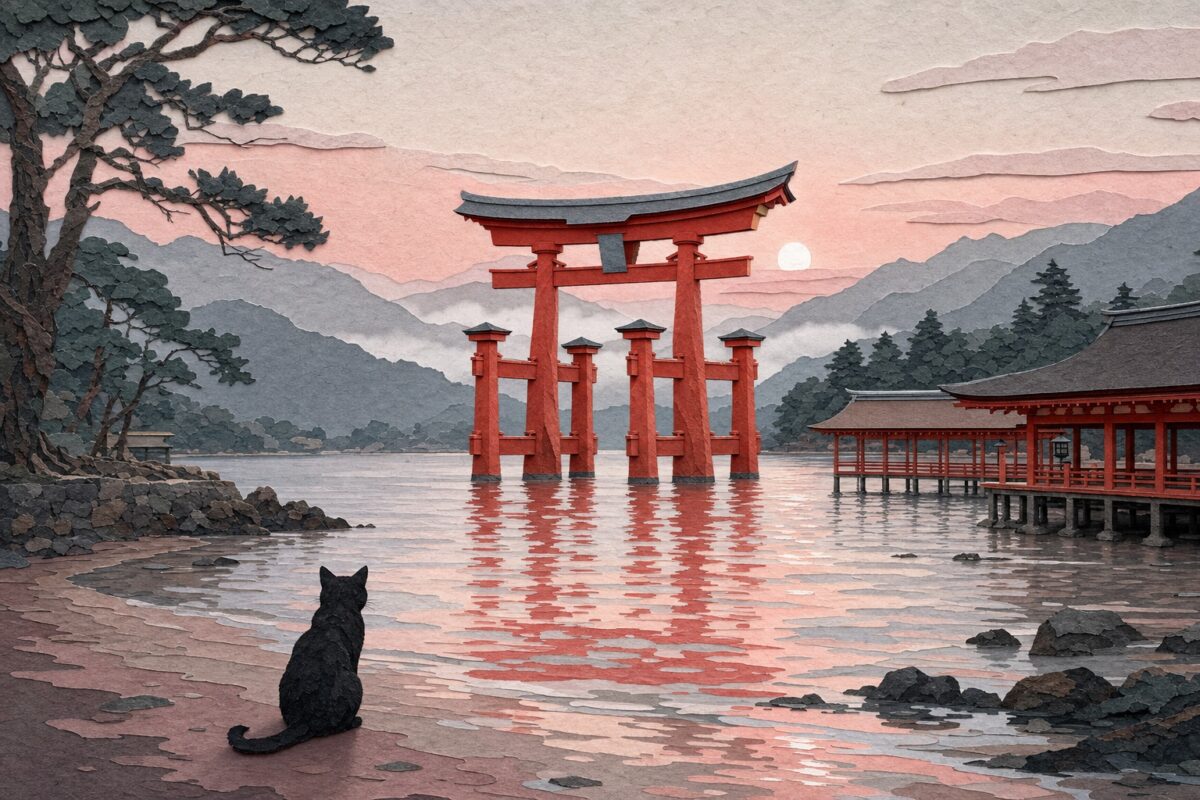 Le torii de Miyajima au lever du jour, désert, en papier découpé