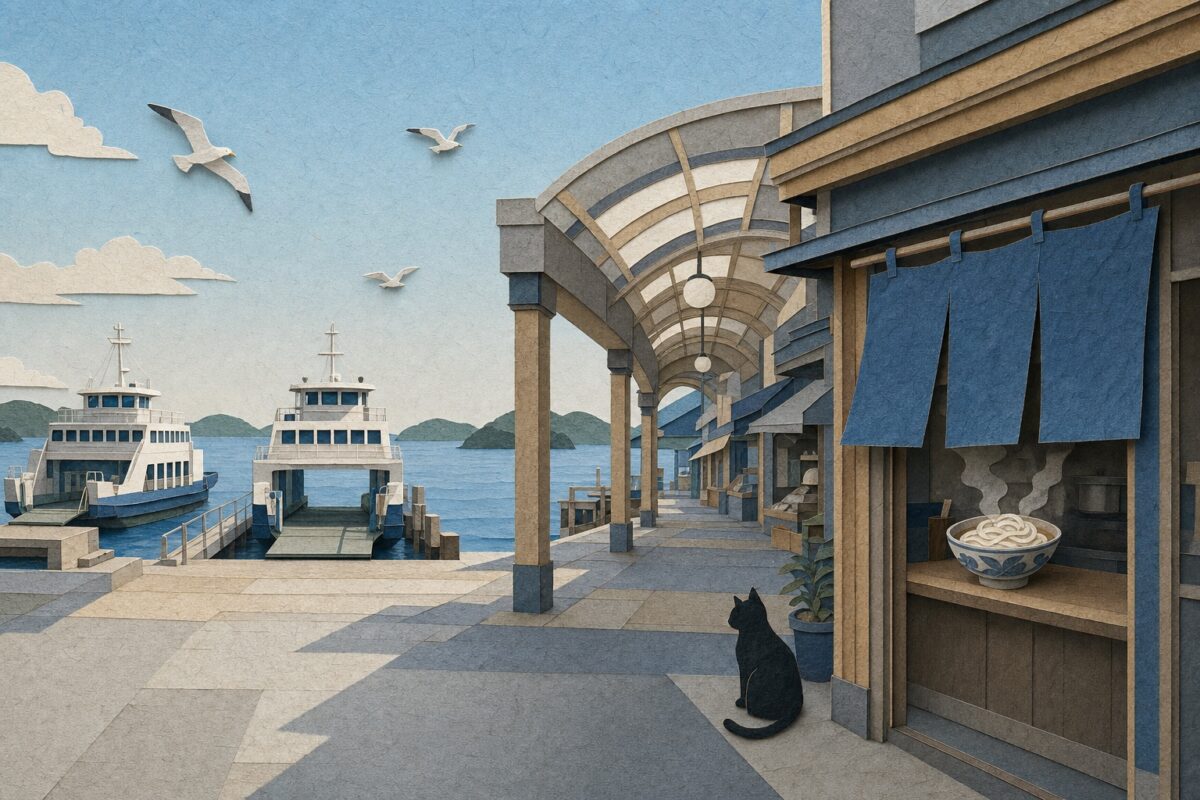 Le port de Takamatsu et ses ferries, en papier découpé