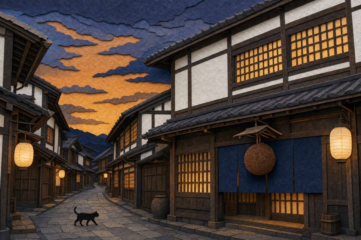 Takehara, le quartier des marchands au crépuscule, en papier découpé