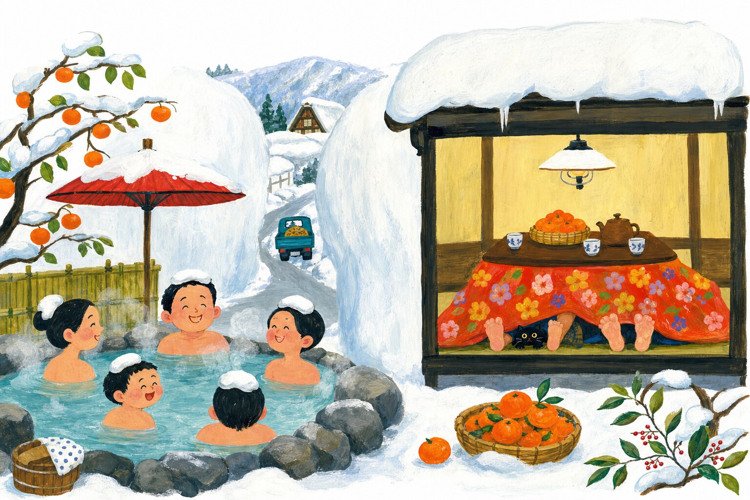 Le Japon en hiver, gouache Pop 60 : onsen fumant, kotatsu et murs de neige