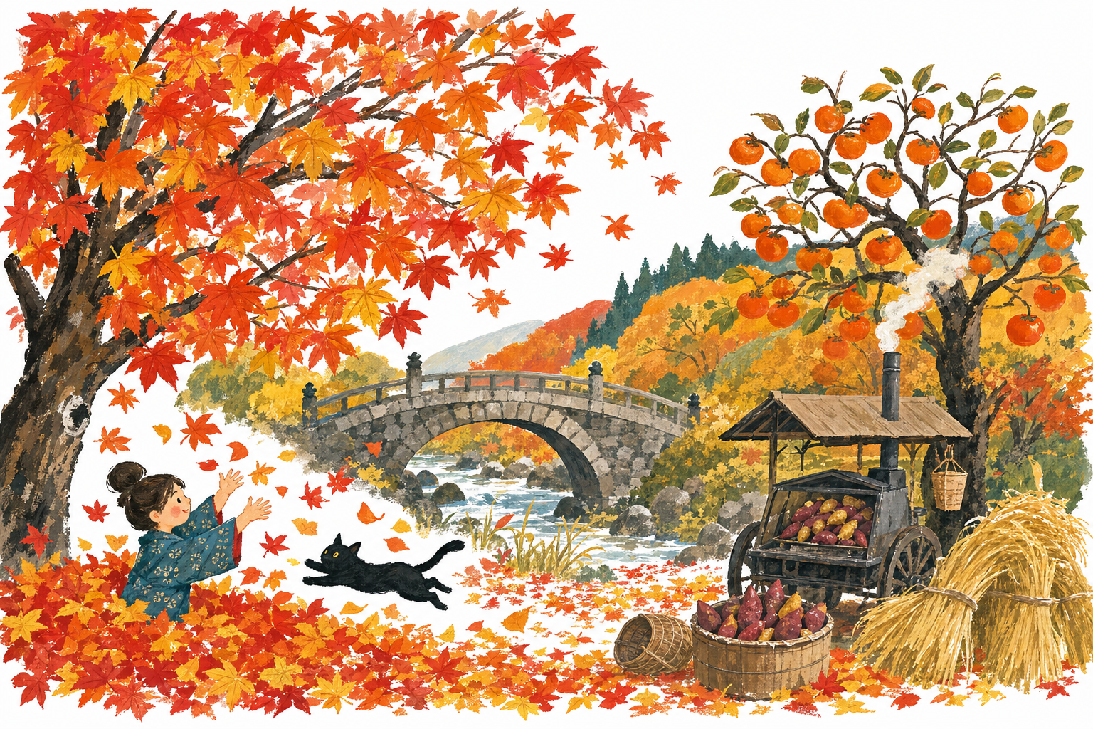 Le Japon en automne, gouache Pop 60 : momiji, kakis et patates douces grillées