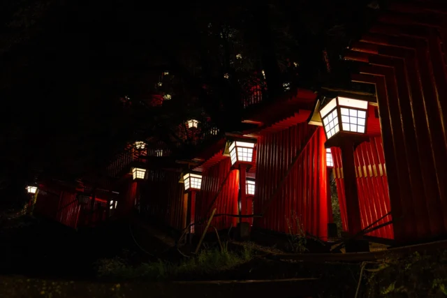 Scarlet gates basking, Lanterns whisper in the night— Ancient spirits glow. 朱色の鳥居 夜に囁く灯籠 古の魂光る #offbeatjapan #japan #torii #nightmagic #kyoto #shinto #lanternlight #sacredpathway